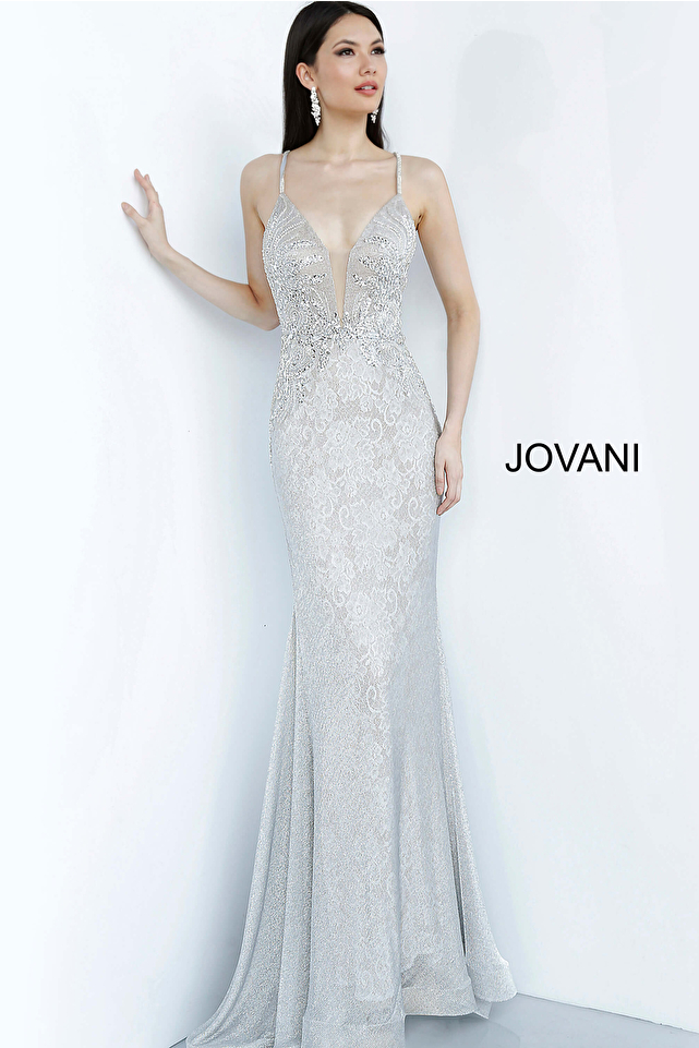Silver Lace Plunging Neckline Prom Dress JVN03167
